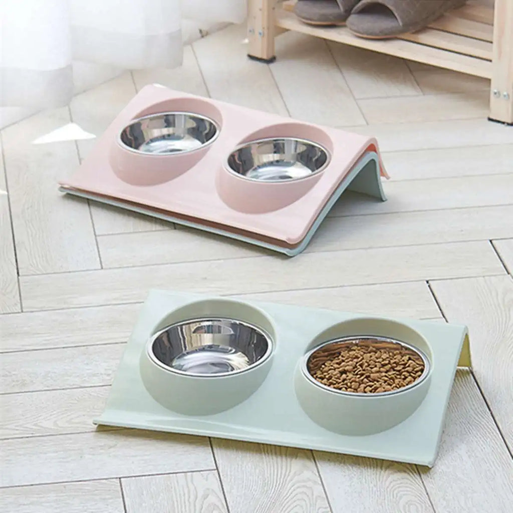 Stainless Steel Double Pet Bowl – Travel Feeding & Water Tableware for Dogs & Cats