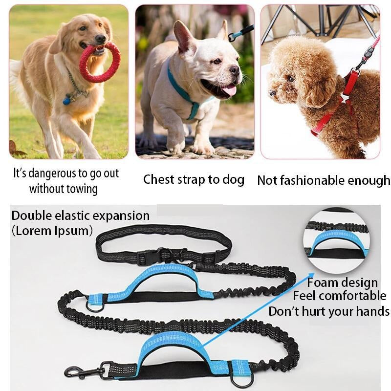 Hands-Free Running Dog Leash – Elastic Reflective Waist Belt Leash with Bungee Cord