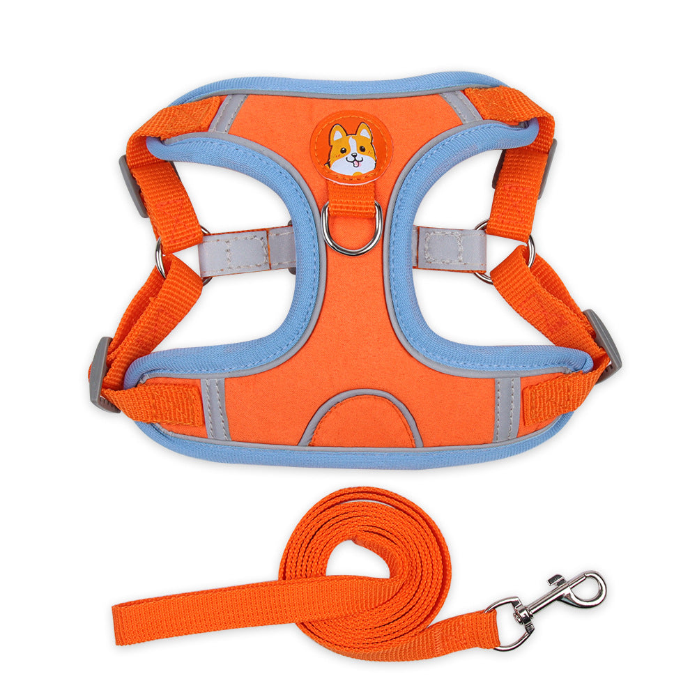 Suede Dog Chest Harness with Leash — Reflective, 6 Colors, Sizes S–XL