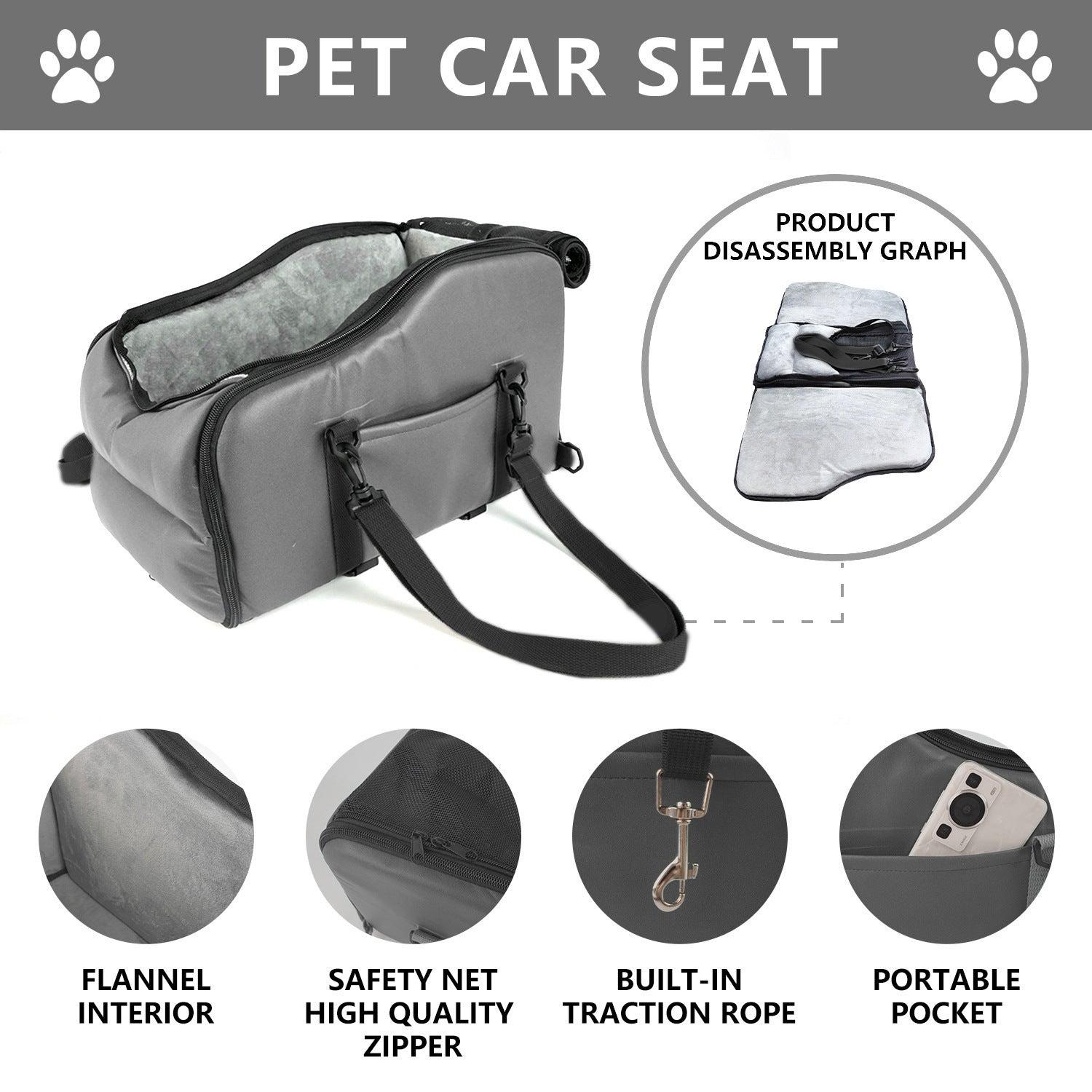 Pet Car Seat Center Console Bed — Tech Fabric, Sponge Cushion, 4 Colors