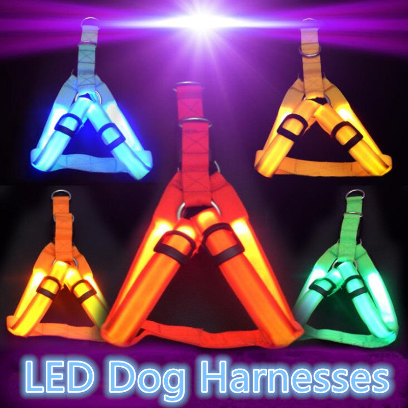 LED Light-Up Dog Harness — Nylon, 3 Flash Modes, 7 Colors, Sizes XS–XL