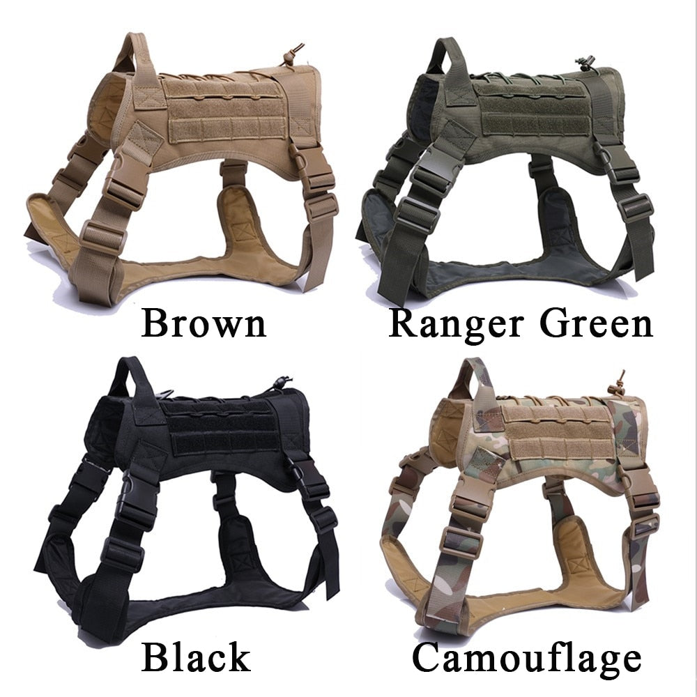Tactical Dog Harness — 1000D Nylon, MOLLE System, 4 Colors, Sizes M–XL