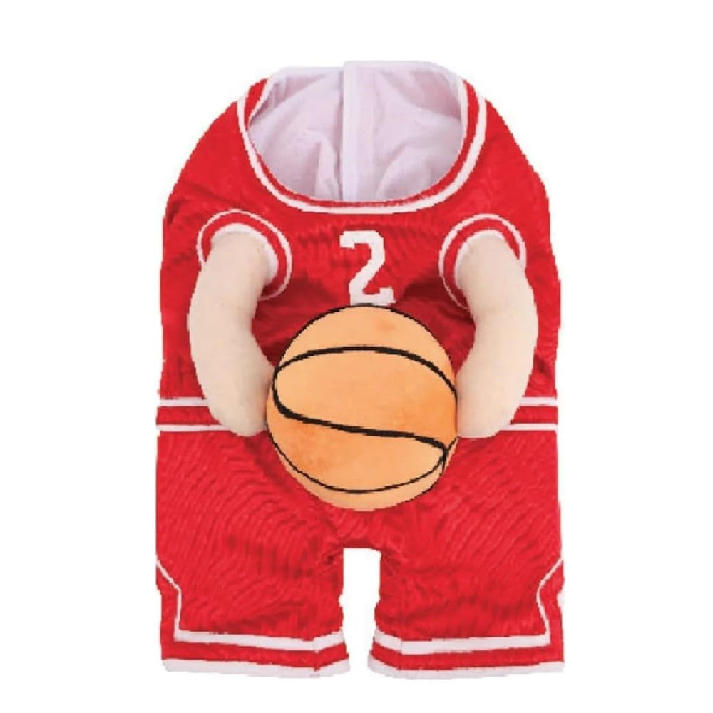 Dog Basketball Jersey Costume with Ball — Sporty Pet Outfit, Red & Yellow, Sizes S–L