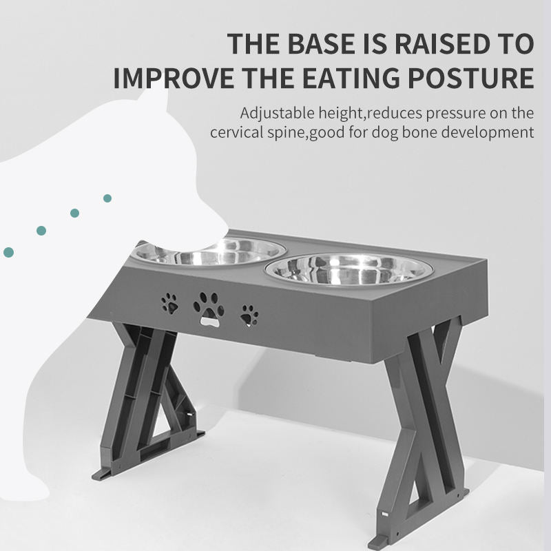 Adjustable Elevated Pet Bowl Stand — Stainless Steel Bowls, Folding Lift Table