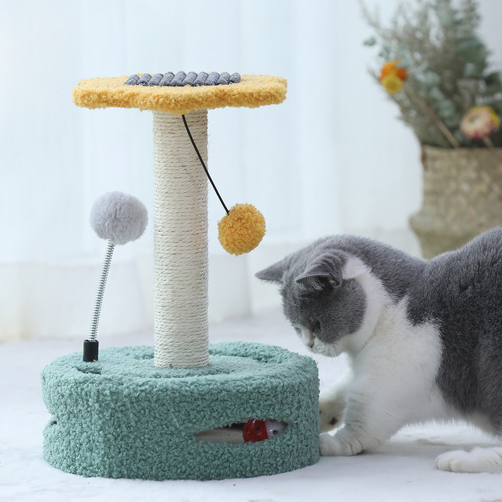 Multifunctional Cat Scratching Column with Perch — Particleboard & Velvet, Yellow or Purple