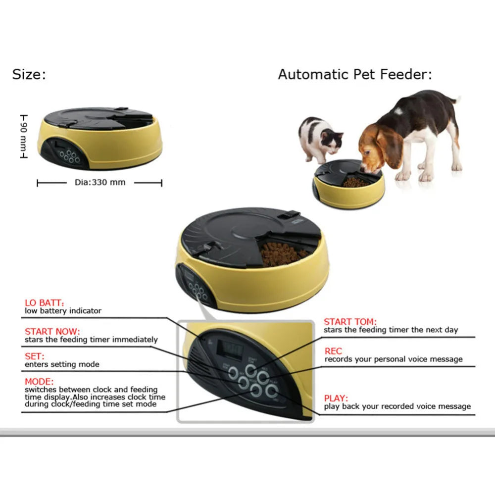 6-Meal Timed Pet Feeder — Voice Recording, 330ml Per Tray, 5 Colors