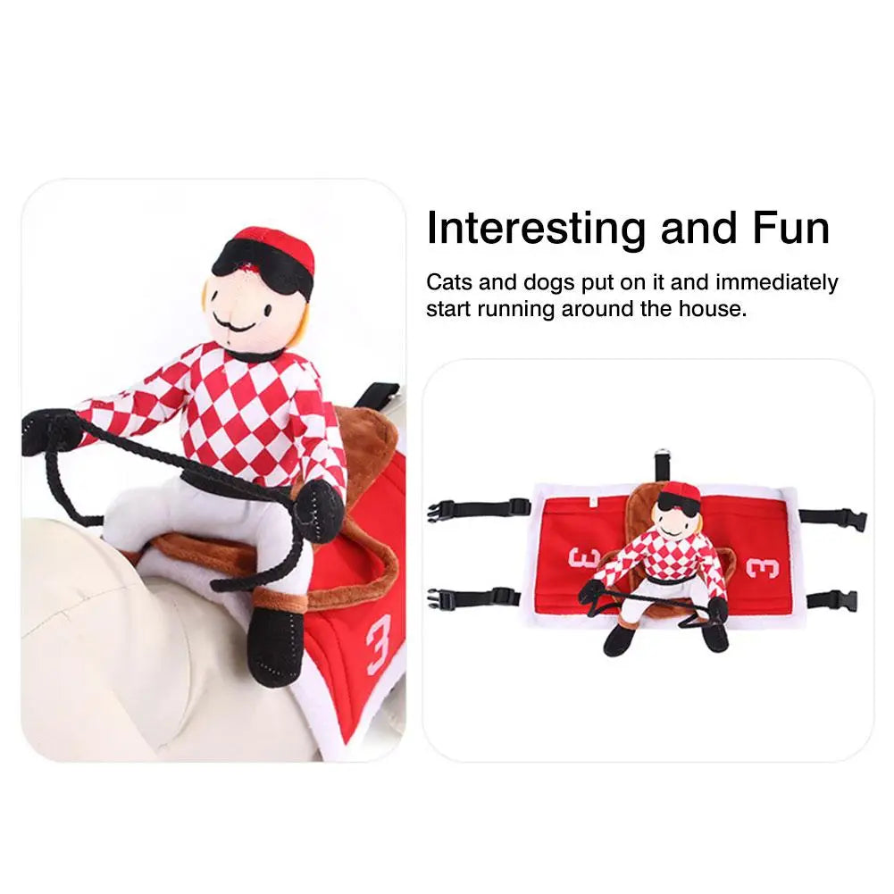 Jockey Rider Pet Costume — Flannel Saddle-Shape Riding Illusion for Cats & Small Dogs