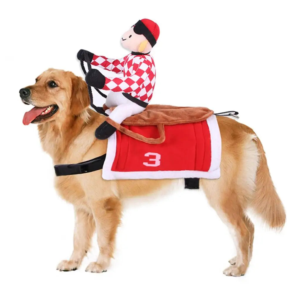 Jockey Rider Pet Costume — Flannel Saddle-Shape Riding Illusion for Cats & Small Dogs