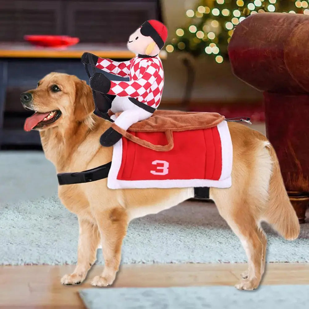 Jockey Rider Pet Costume — Flannel Saddle-Shape Riding Illusion for Cats & Small Dogs