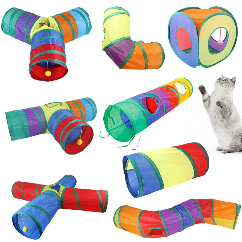 Modular Rainbow Cat Tunnel System — Foldable Interactive Play Tubes | Multiple Configurations | EM Pet Products