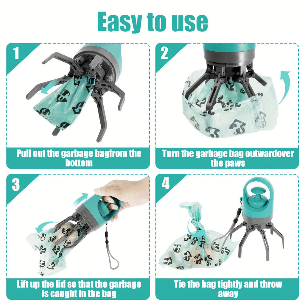 Portable Dog Waste Picker with Bag Dispenser — Six-Claw No-Touch Poop Scooper