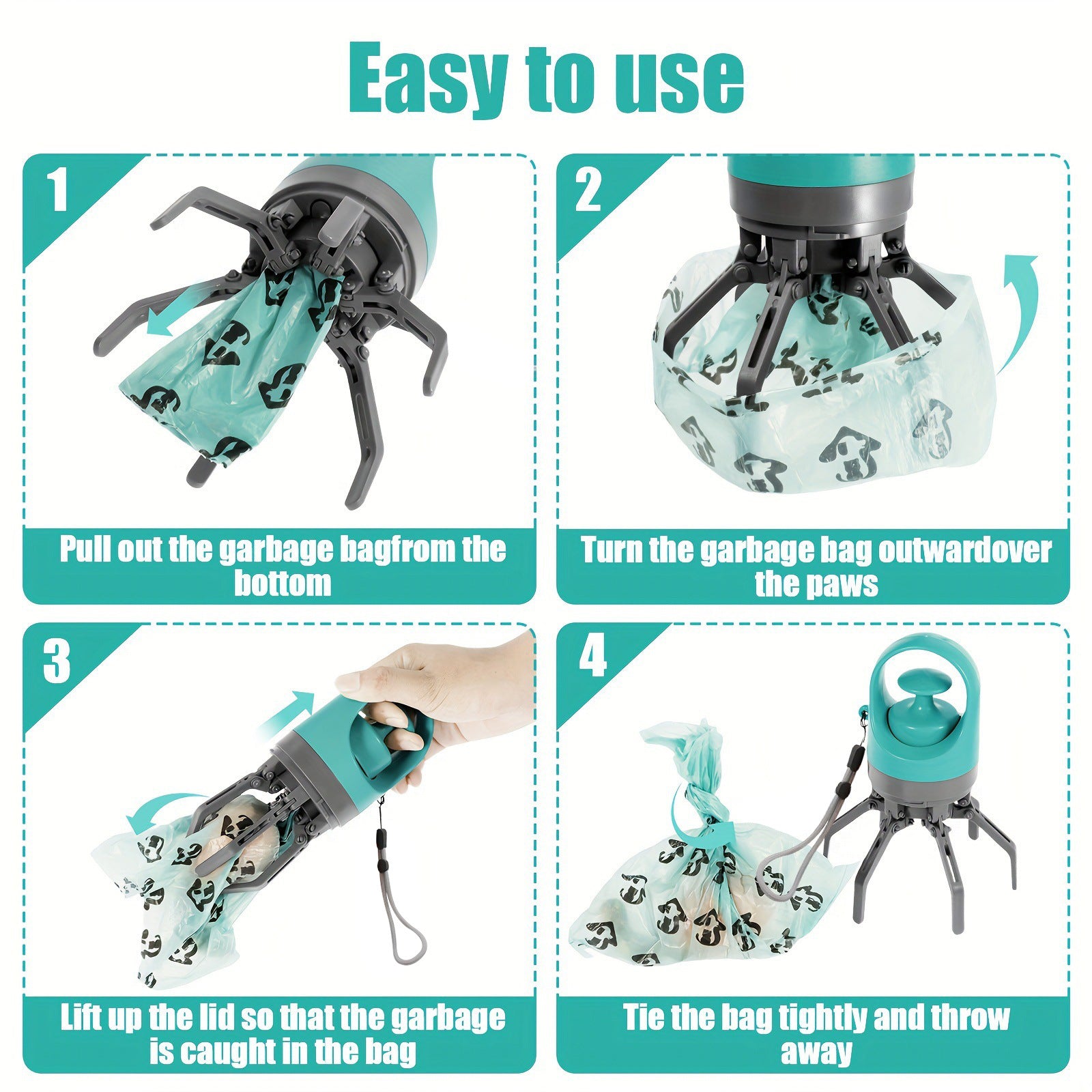 Portable Dog Waste Picker with Bag Dispenser — Six-Claw No-Touch Poop Scooper