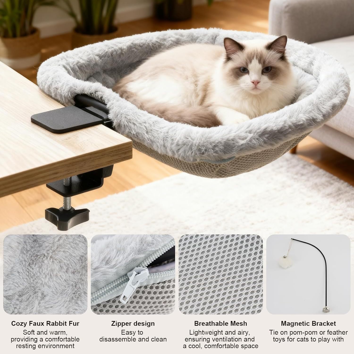 Foldable Cat Hammock with Toy Rack — Desktop & Hanging Styles, Soft Cloth, Gray