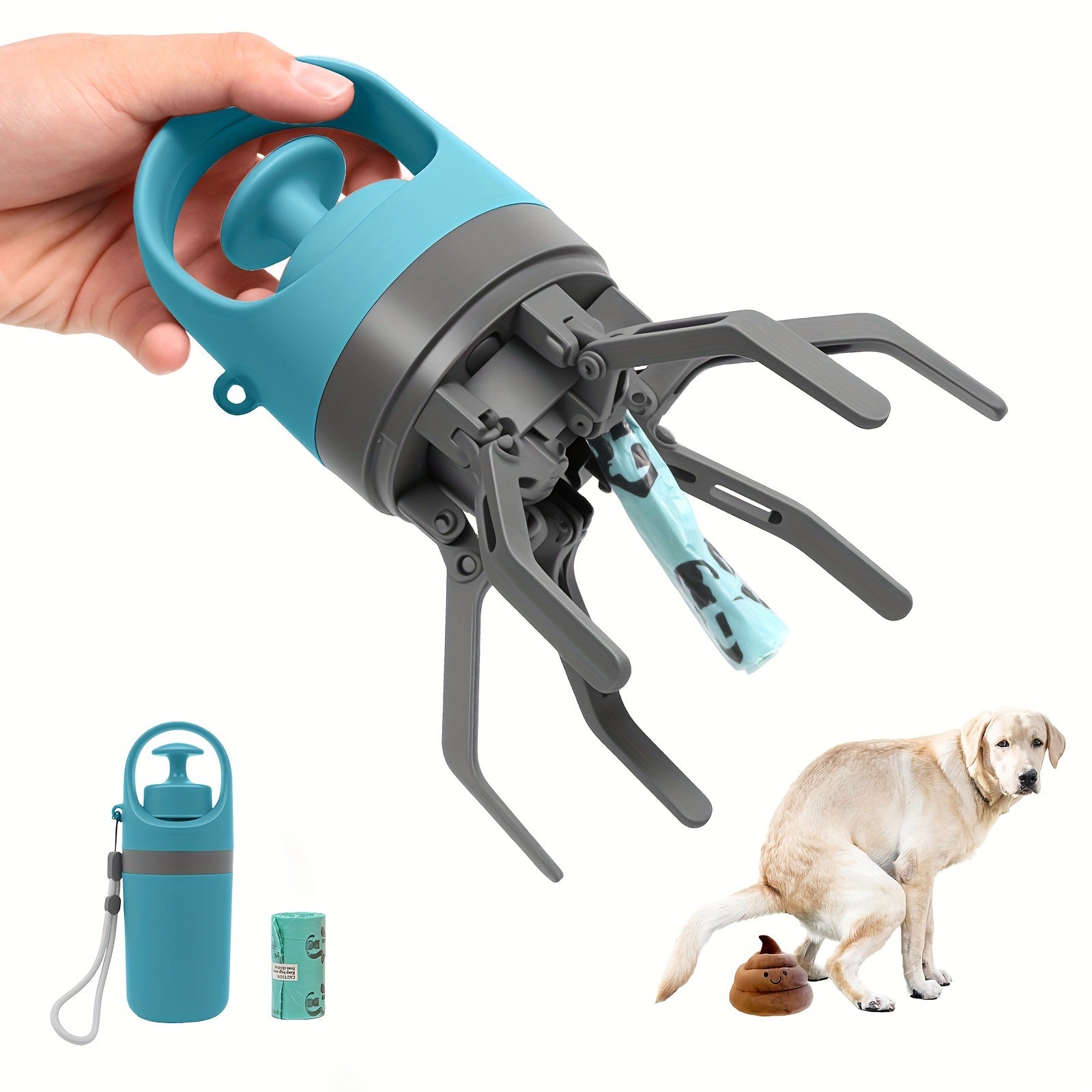 Portable Dog Waste Picker with Bag Dispenser — Six-Claw No-Touch Poop Scooper